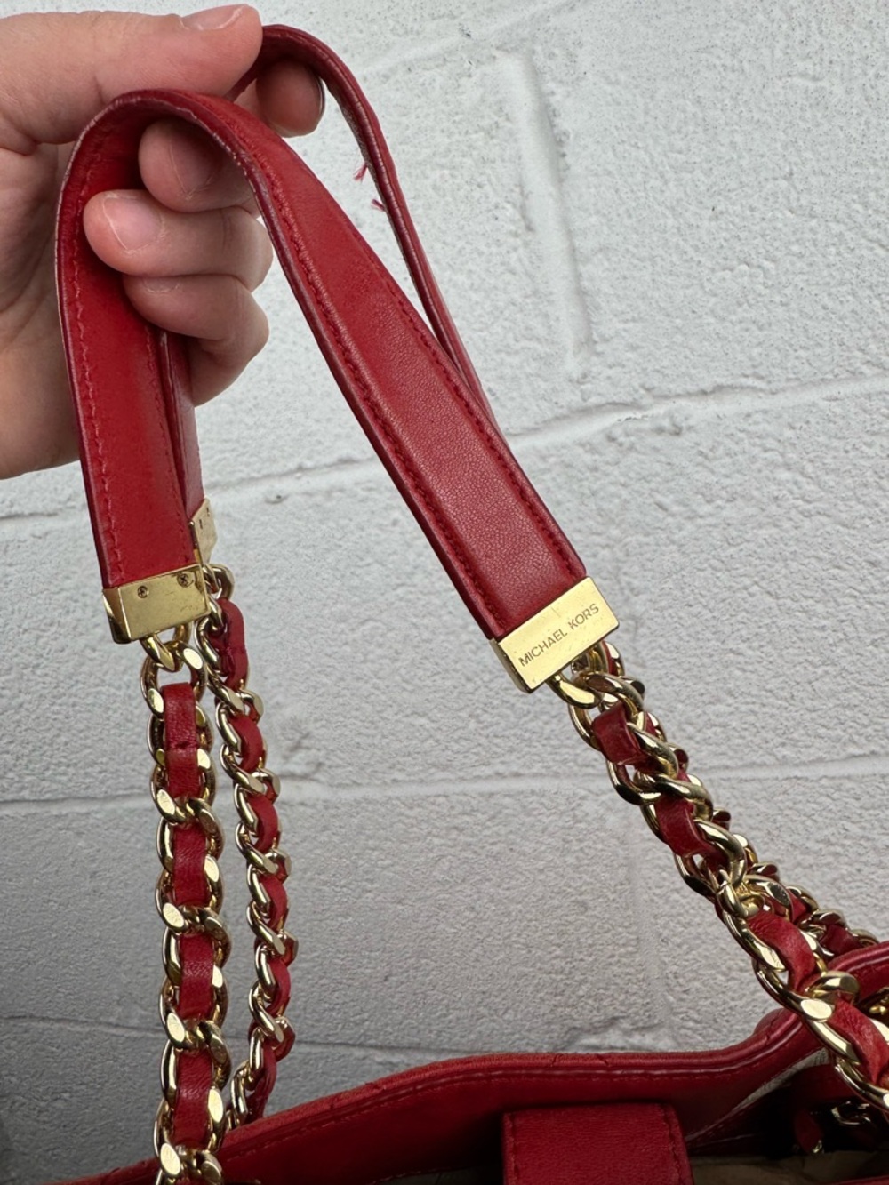 Michael Kors Red Leather Quilted Chain Shoulder Tote Bag Gold Hardware - Picture 9 of 16